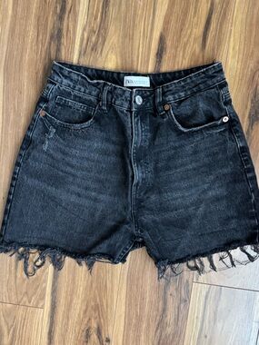 Zara Black Distressed High-Waist Denim Shorts